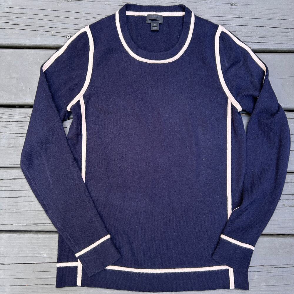 J.Crew Collection Italian Cashmere Sweater Navy Pink Contrast Trim Medium 09531